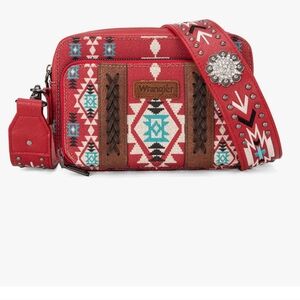 Wrangler Crossbody Bag Boho Aztec Small MultiPocket Crossover Purse, Burgundy